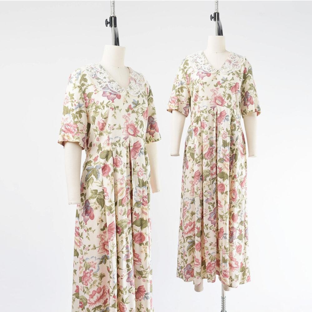 Vintage 90s Floral Lace Peter Pan Collar Cottagecore Romantic Maxi Dress L